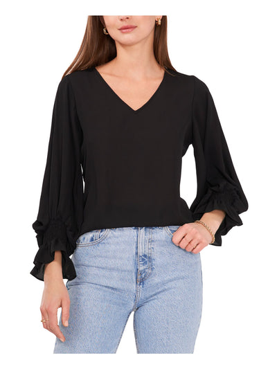 VINCE CAMUTO Womens Black Smocked Ruffled Long Sleeve V Neck Blouse XS