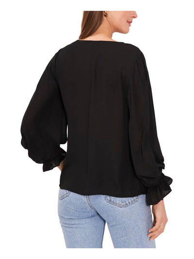 VINCE CAMUTO Womens Black Smocked Ruffled Long Sleeve V Neck Blouse XS