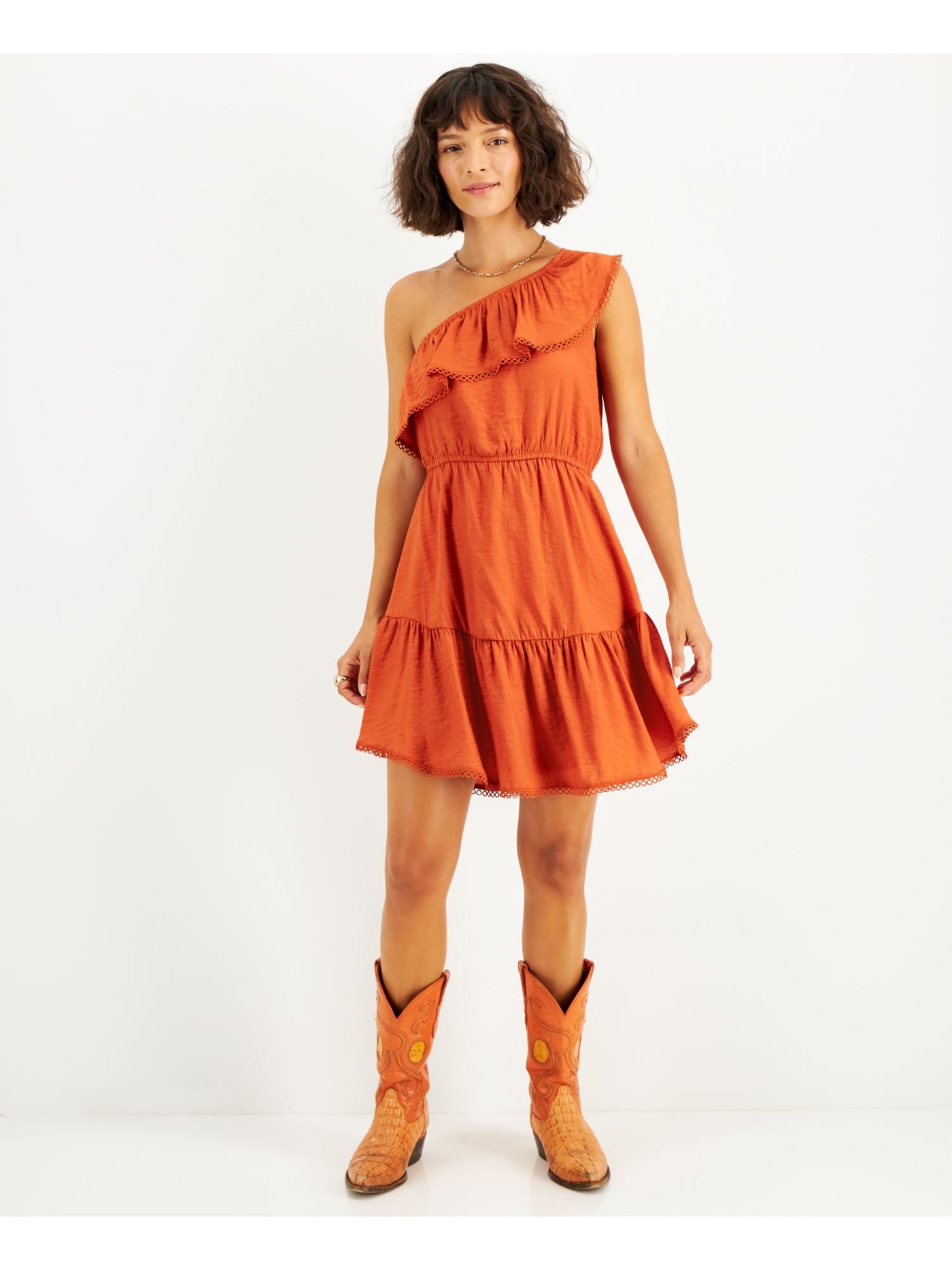 BAR III DRESSES Womens Orange Lined Pullover Cap Sleeve Asymmetrical Neckline Above The Knee Cocktail Fit + Flare Dress S