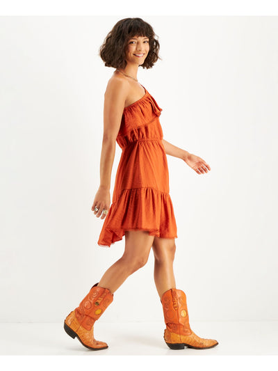 BAR III DRESSES Womens Orange Lined Pullover Cap Sleeve Asymmetrical Neckline Above The Knee Cocktail Fit + Flare Dress XS