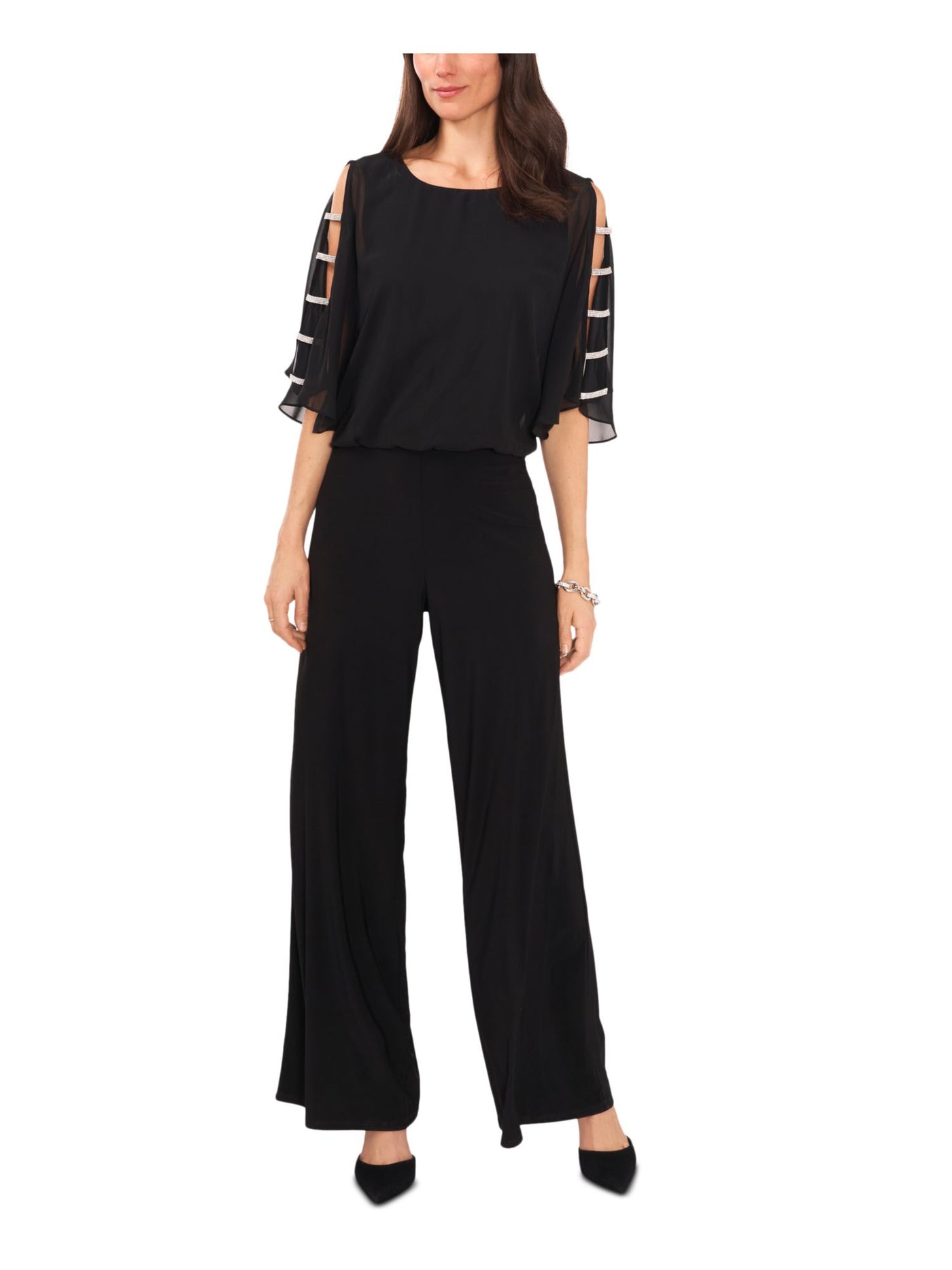 MSK Womens Black Zippered Embellished Ladder-sleeve Round Neck Party Wide Leg Jumpsuit XL