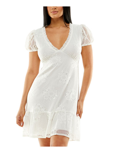 SPEECHLESS Womens White Lace Ruffled Lined Pullover Pouf Sleeve V Neck Short Party Fit + Flare Dress XL