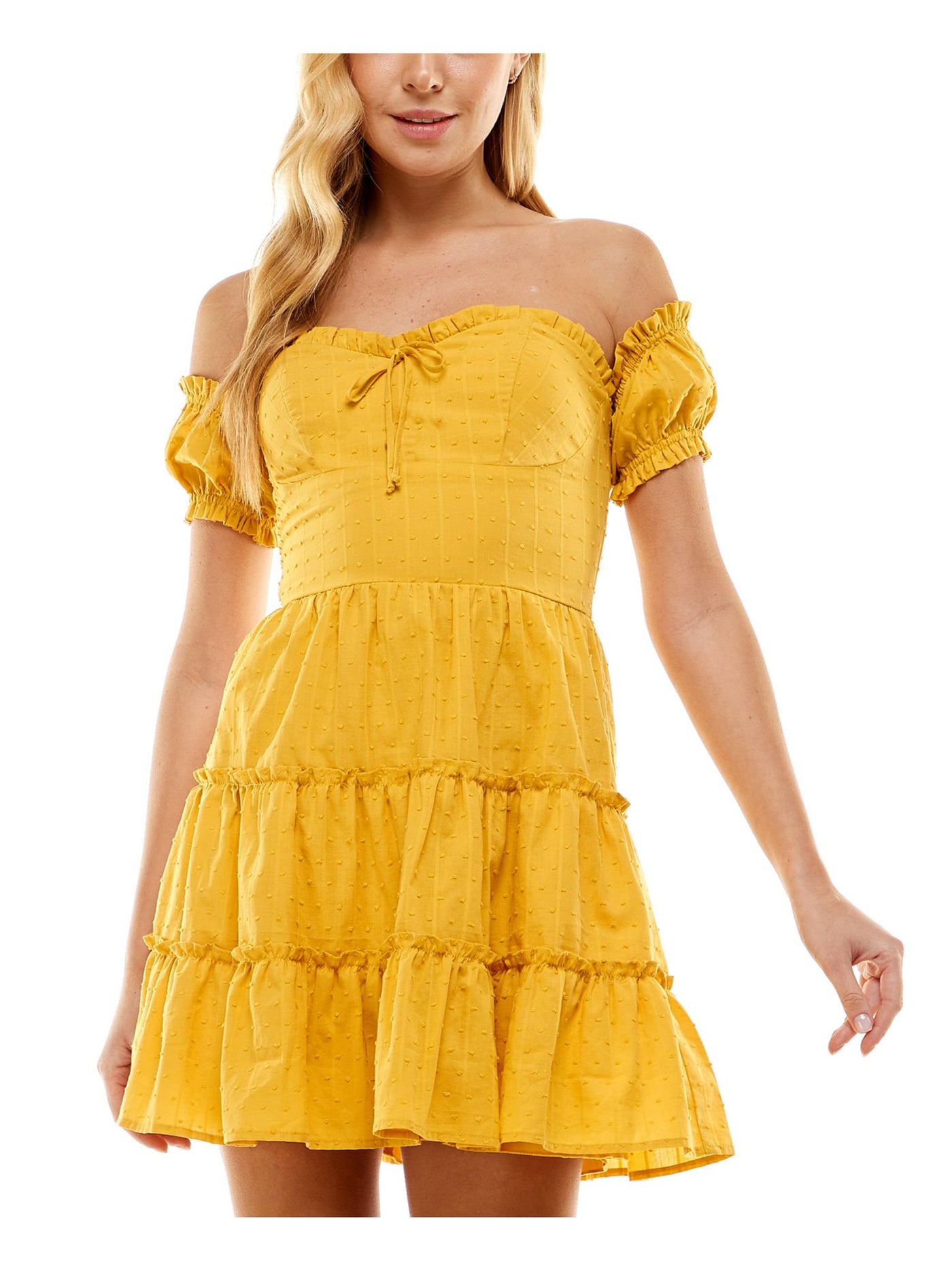 CITY STUDIO Womens Yellow Ruffled Zippered Tiered Tie Lined Padded Short Sleeve Off Shoulder Mini Party Fit + Flare Dress Juniors 1