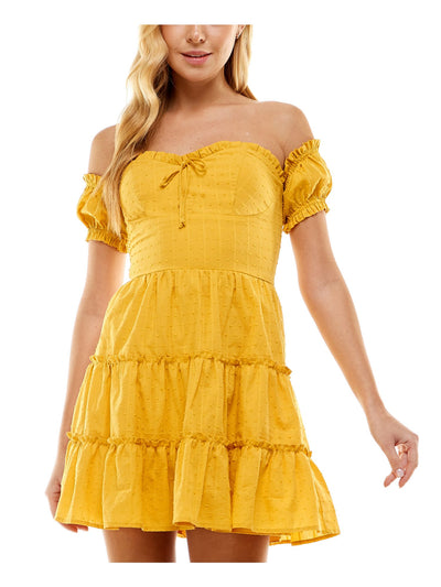 CITY STUDIO Womens Yellow Ruffled Zippered Tiered Tie Lined Padded Short Sleeve Off Shoulder Mini Party Fit + Flare Dress Juniors 7