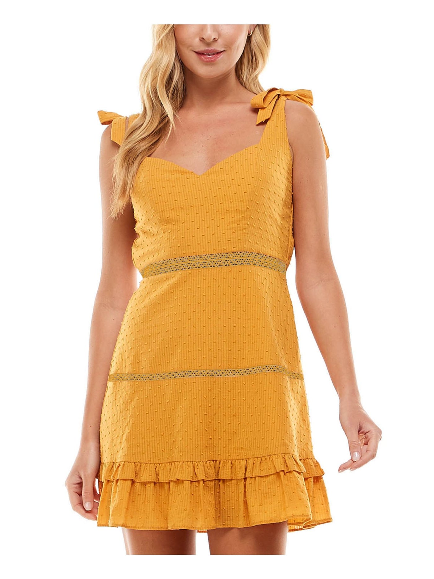 CITY STUDIO Womens Yellow Textured Ruffled Lace Insets Tie At Shoulder Sleeveless Sweetheart Neckline Mini Fit + Flare Dress Juniors XL