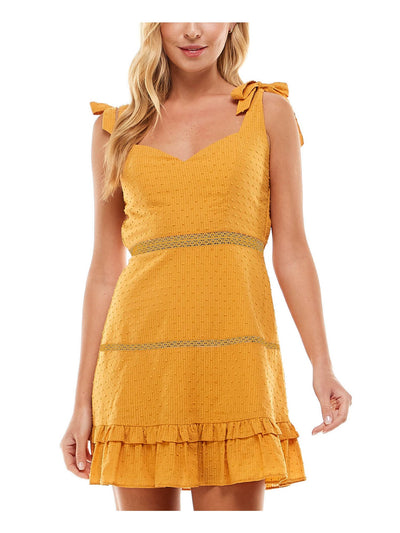 CITY STUDIO Womens Yellow Textured Ruffled Lace Insets Tie At Shoulder Sleeveless Sweetheart Neckline Mini Fit + Flare Dress Juniors M