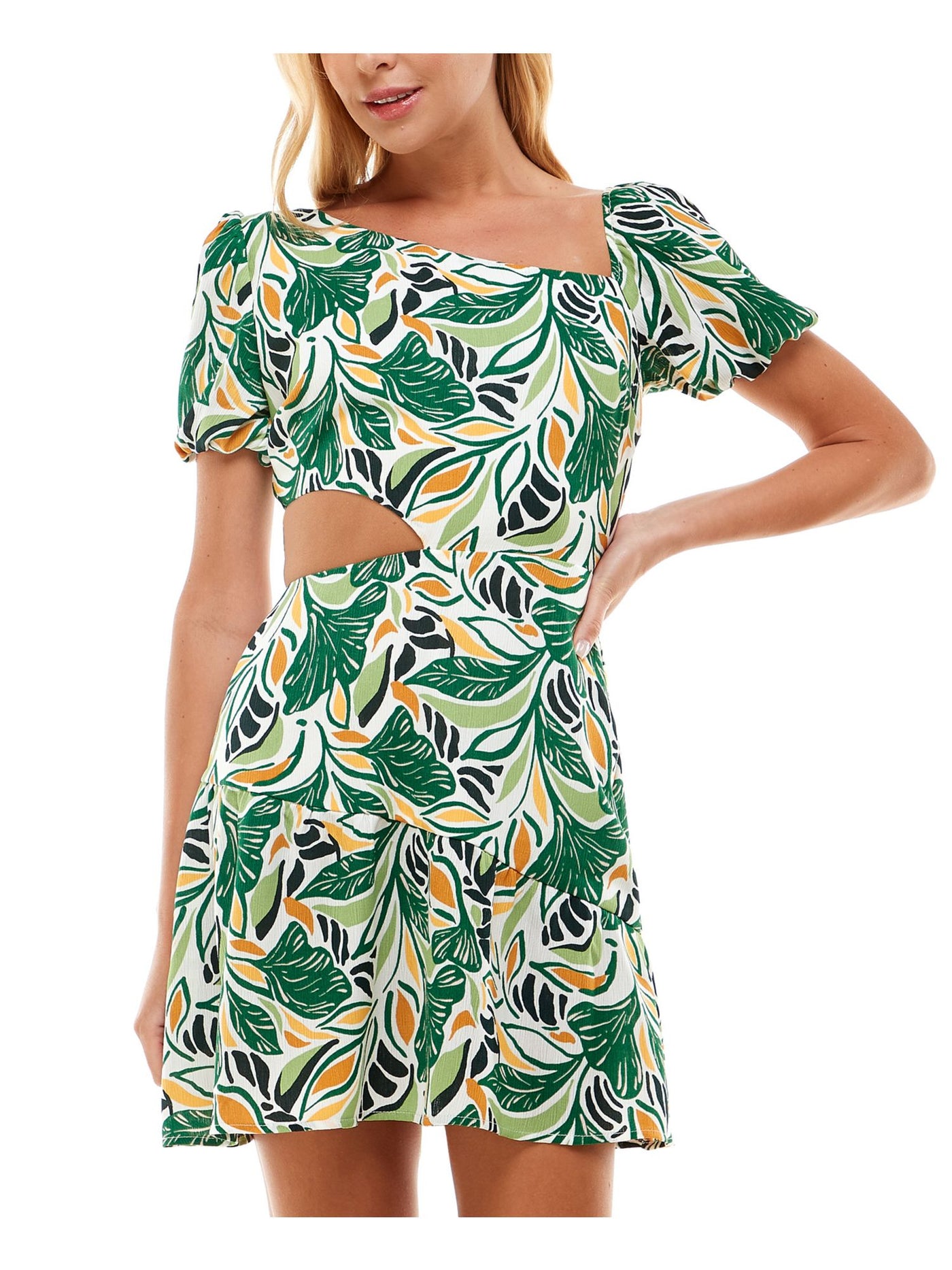 CITY STUDIO Womens Green Zippered Cut Out Lined Printed Pouf Sleeve Asymmetrical Neckline Short Fit + Flare Dress 9