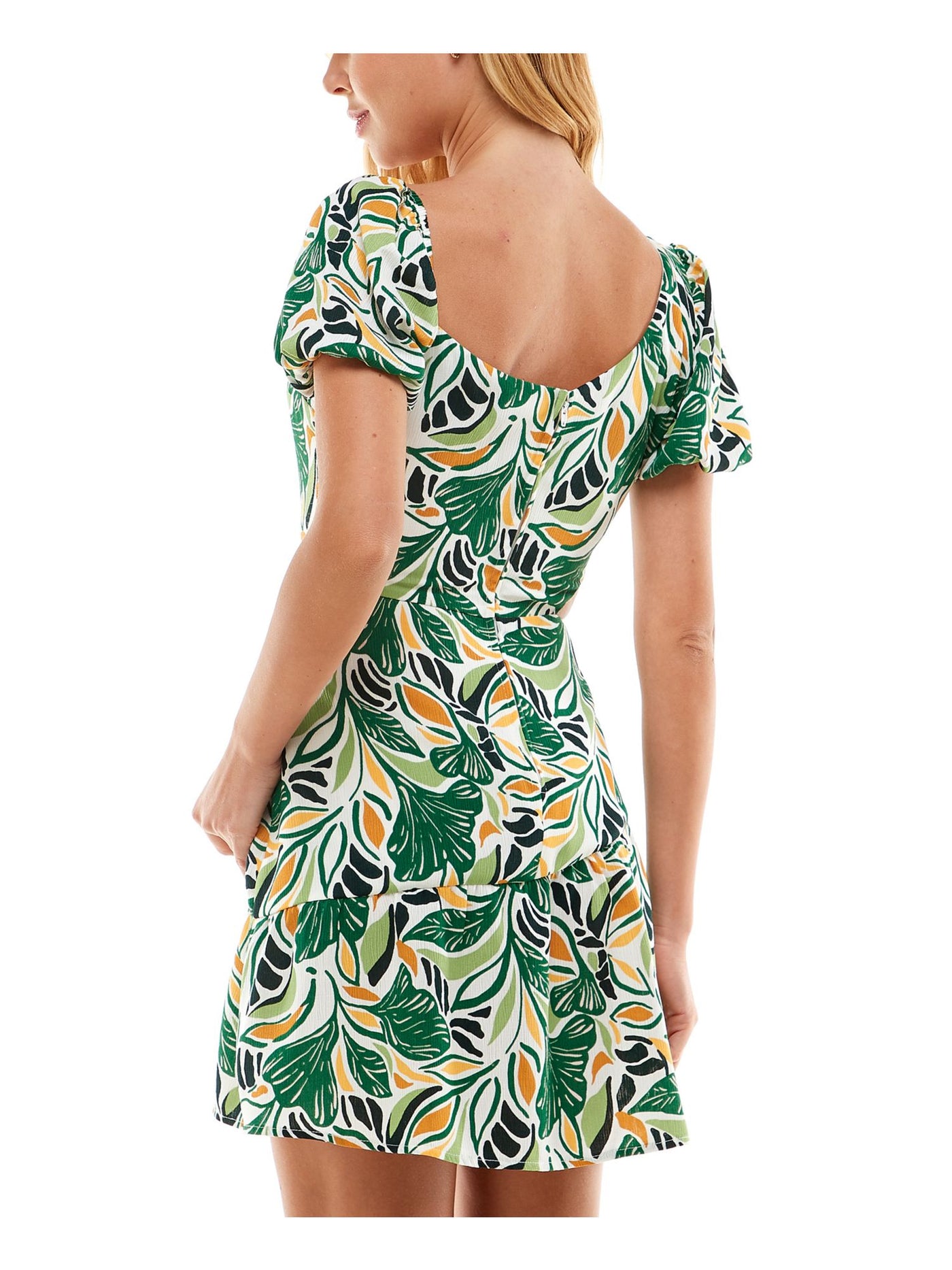 CITY STUDIO Womens Green Zippered Cut Out Lined Printed Pouf Sleeve Asymmetrical Neckline Short Fit + Flare Dress 9