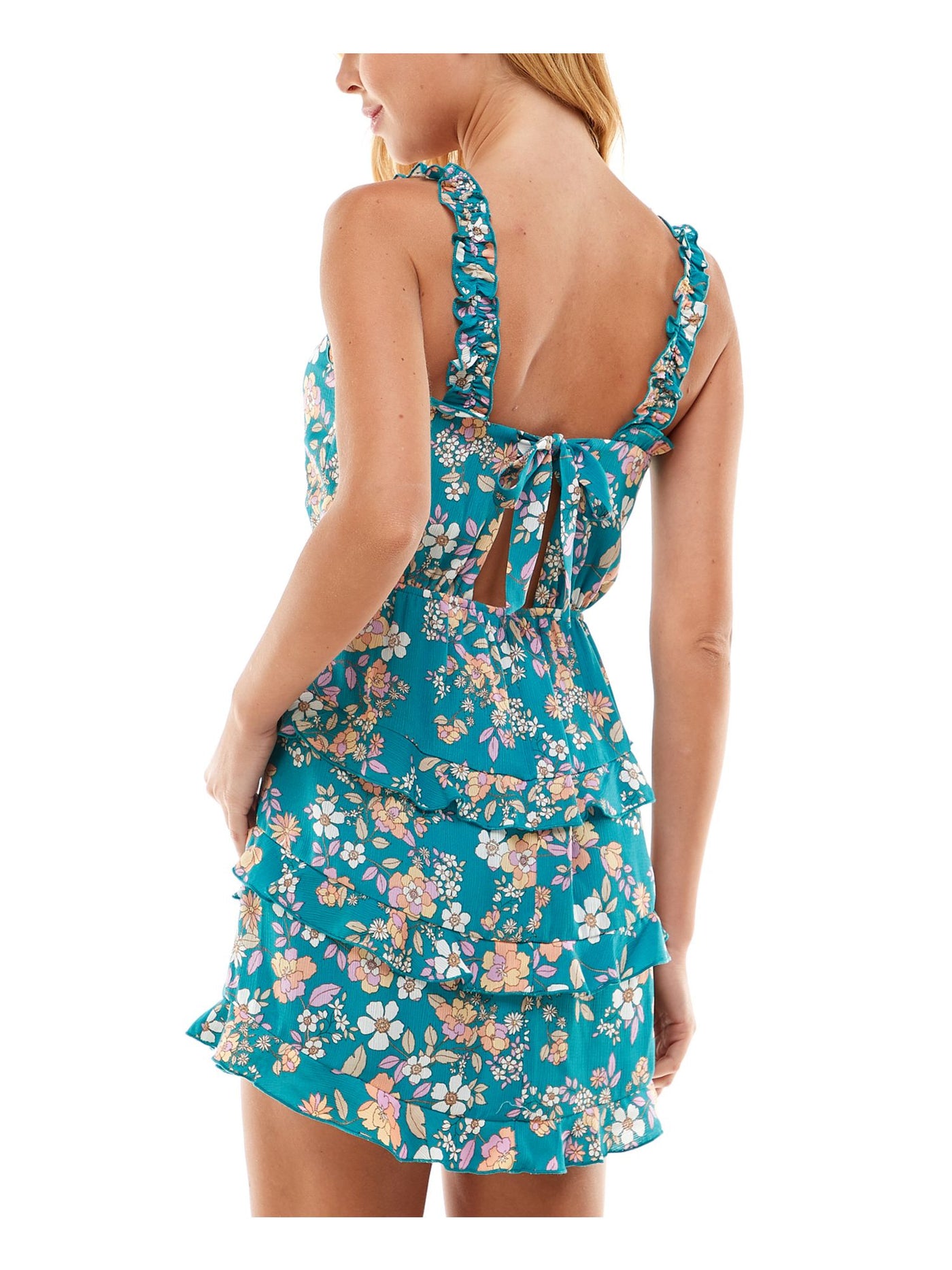 CITY STUDIO Womens Turquoise Ruffled Open Back Straight Neckline Back Tie Lined Floral Sleeveless Short Evening Fit + Flare Dress Juniors XL