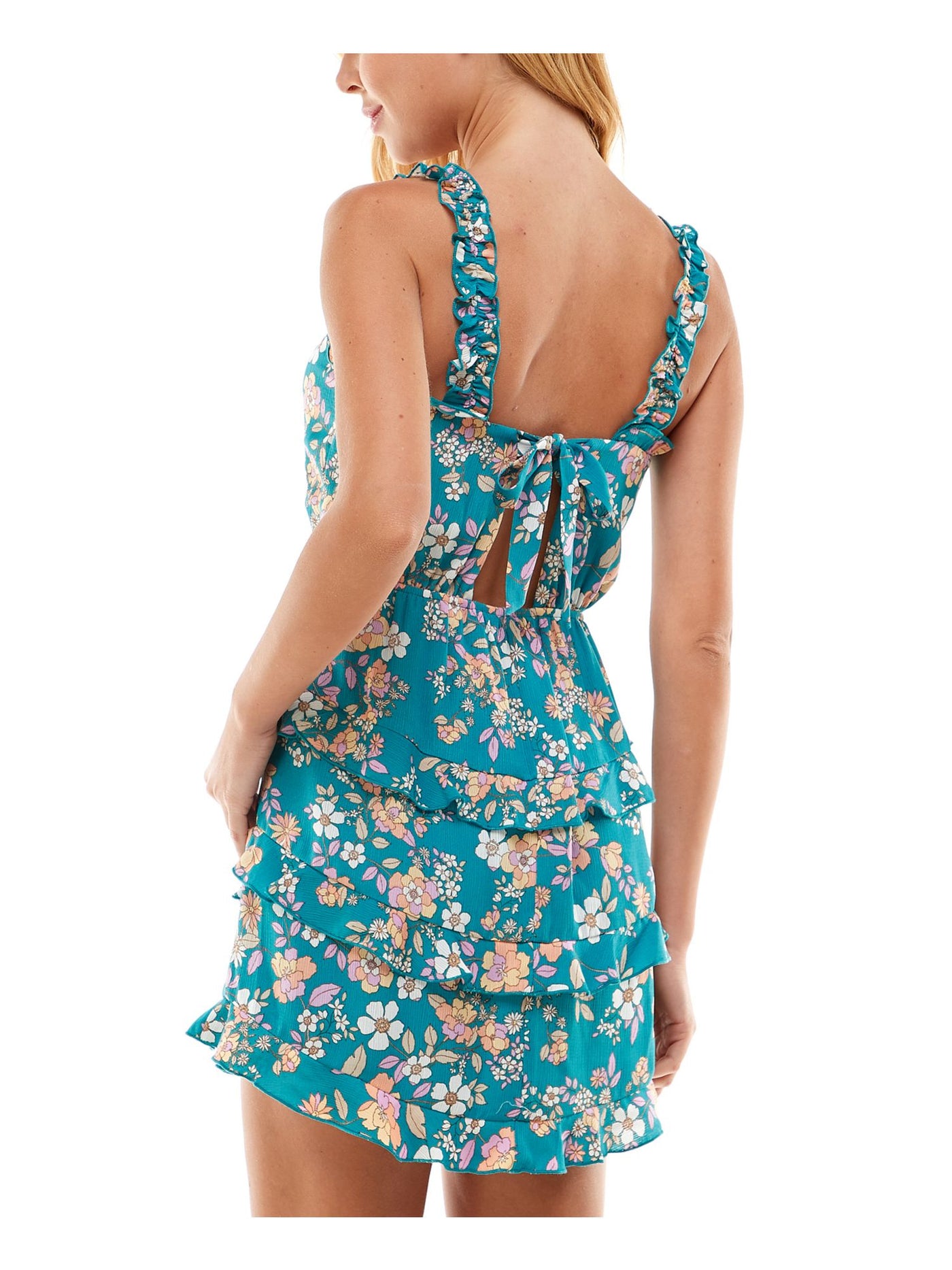 CITY STUDIO Womens Turquoise Ruffled Open Back Straight Neckline Back Tie Lined Floral Sleeveless Short Evening Fit + Flare Dress XL