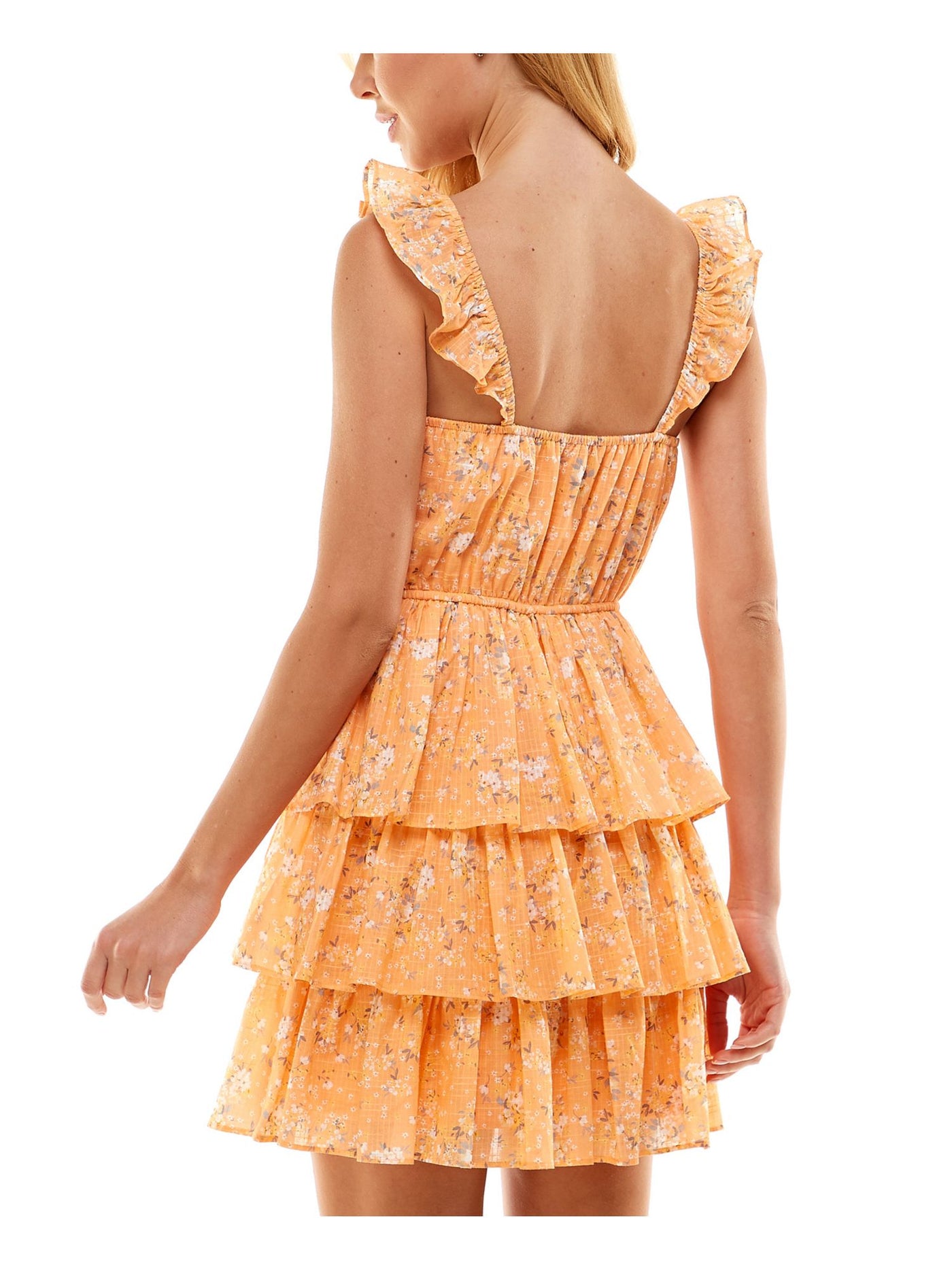 CITY STUDIO Womens Orange Ruffled Tiered Skirt Lined Floral Sleeveless Sweetheart Neckline Short Fit + Flare Dress XXS