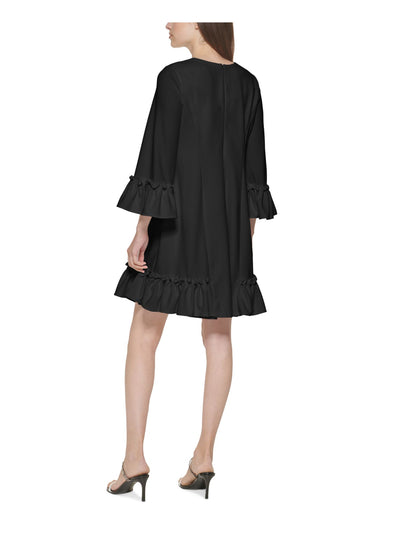 CALVIN KLEIN Womens Black Ruffled Zippered Princess Seams Bell Sleeve Round Neck Short Fit + Flare Dress 8