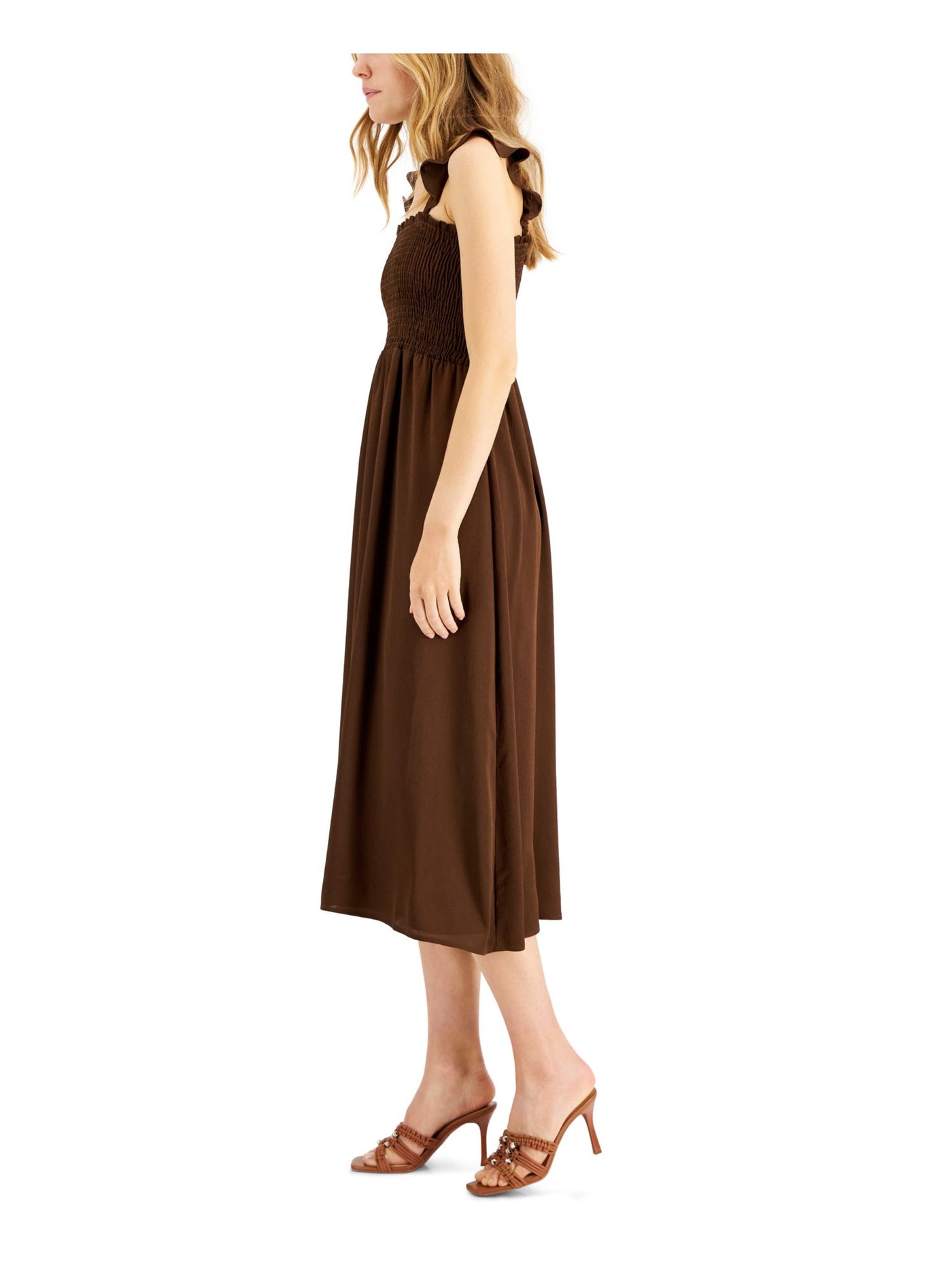 INC DRESSES Womens Brown Smocked Ruffled Pullover Sleeveless Square Neck Midi Fit + Flare Dress 6