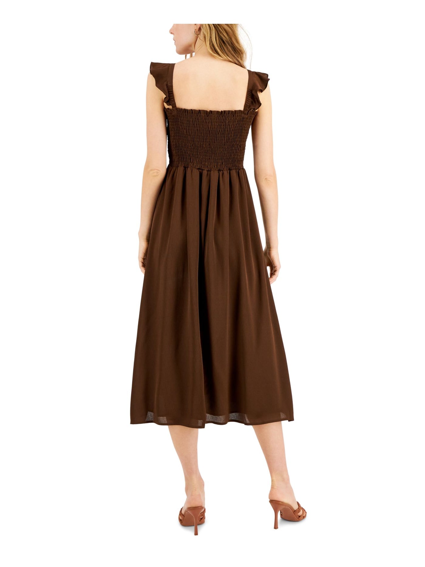 INC Womens Brown Smocked Ruffled Pullover Sleeveless Square Neck Midi Fit + Flare Dress 14