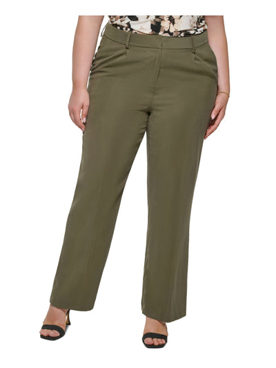 CALVIN KLEIN Womens Green Zippered Pocketed Hook And Bar Closure Pleated Wear To Work Wide Leg Pants Plus 22W
