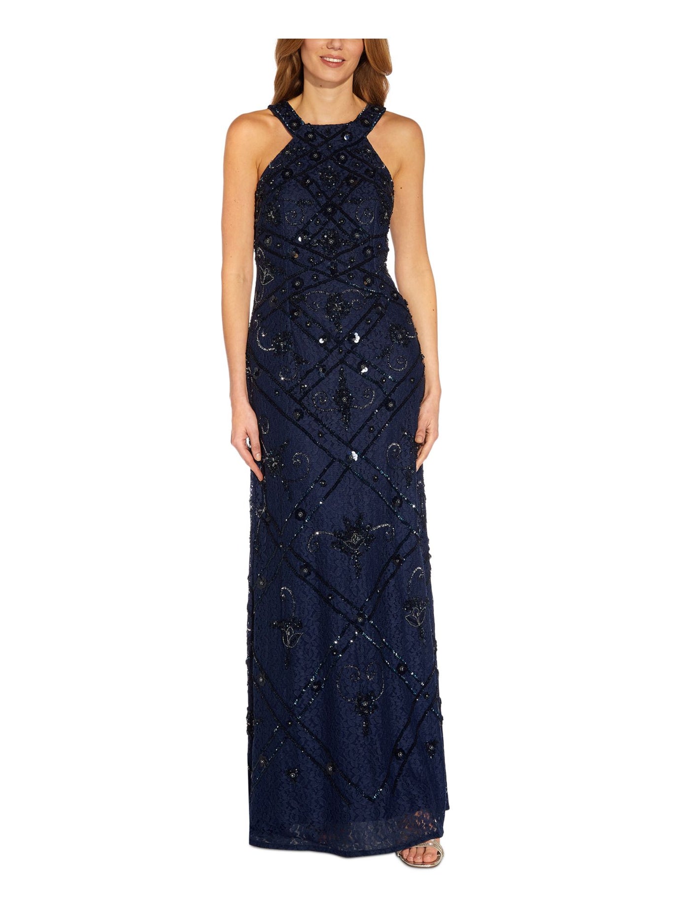 ADRIANNA PAPELL Womens Navy Sequined Zippered Lined Floral Sleeveless Halter Maxi Cocktail Gown Dress 2