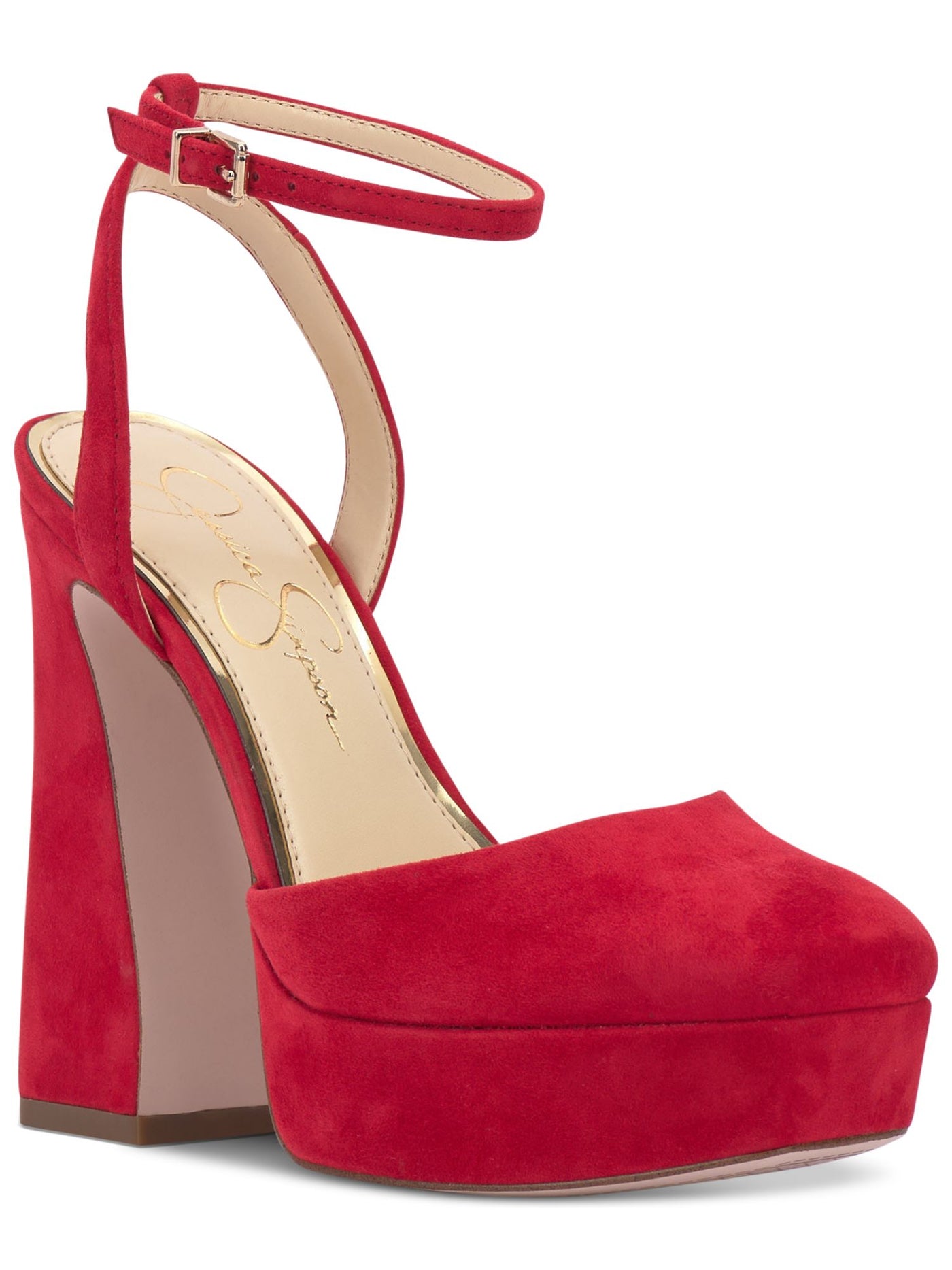 JESSICA SIMPSON Womens Red 1" Platform Adjustable Ankle Strap Deirae Round Toe Sculpted Heel Buckle Leather Dress Pumps Shoes 5 M