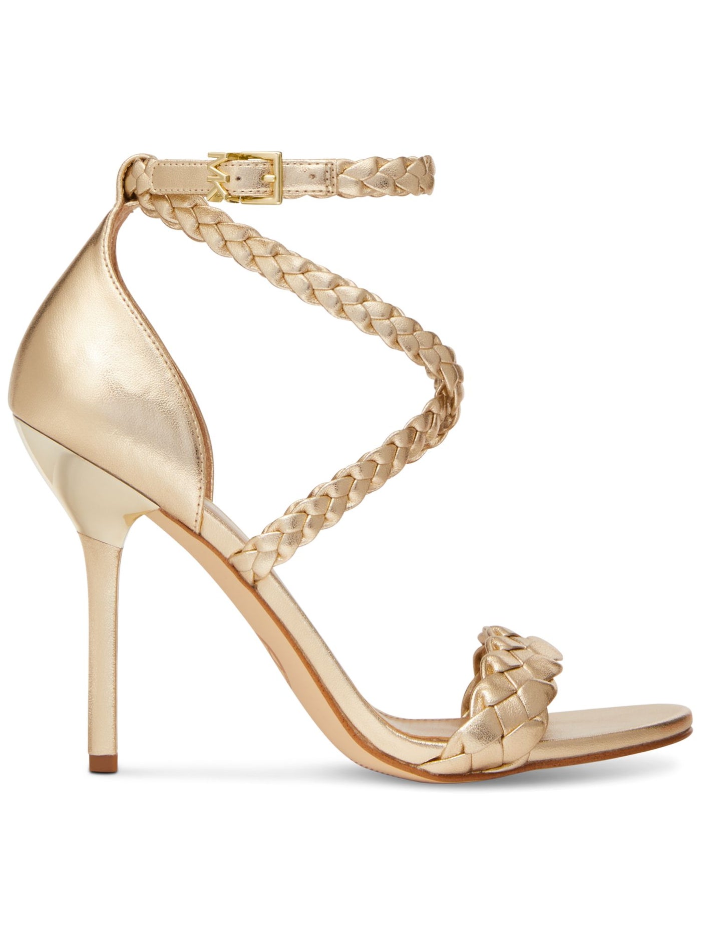 MICHAEL KORS Womens Gold Crisscross Straps Padded Ankle Strap Braided Astrid Open Toe Stiletto Buckle Dress Heeled Sandal 9.5