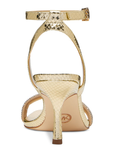 MICHAEL MICHAEL KORS Womens Gold Snake Padded Rhinestone Metallic Ankle Strap Carrie Square Toe Flare Buckle Dress Heeled Sandal 8.5 M