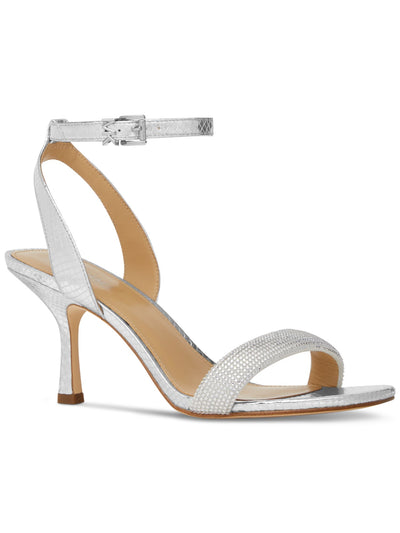 MICHAEL MICHAEL KORS Womens Silver Snake Embossed Padded Rhinestone Metallic Ankle Strap Carrie Square Toe Flare Buckle Dress Heeled Sandal 8.5 M