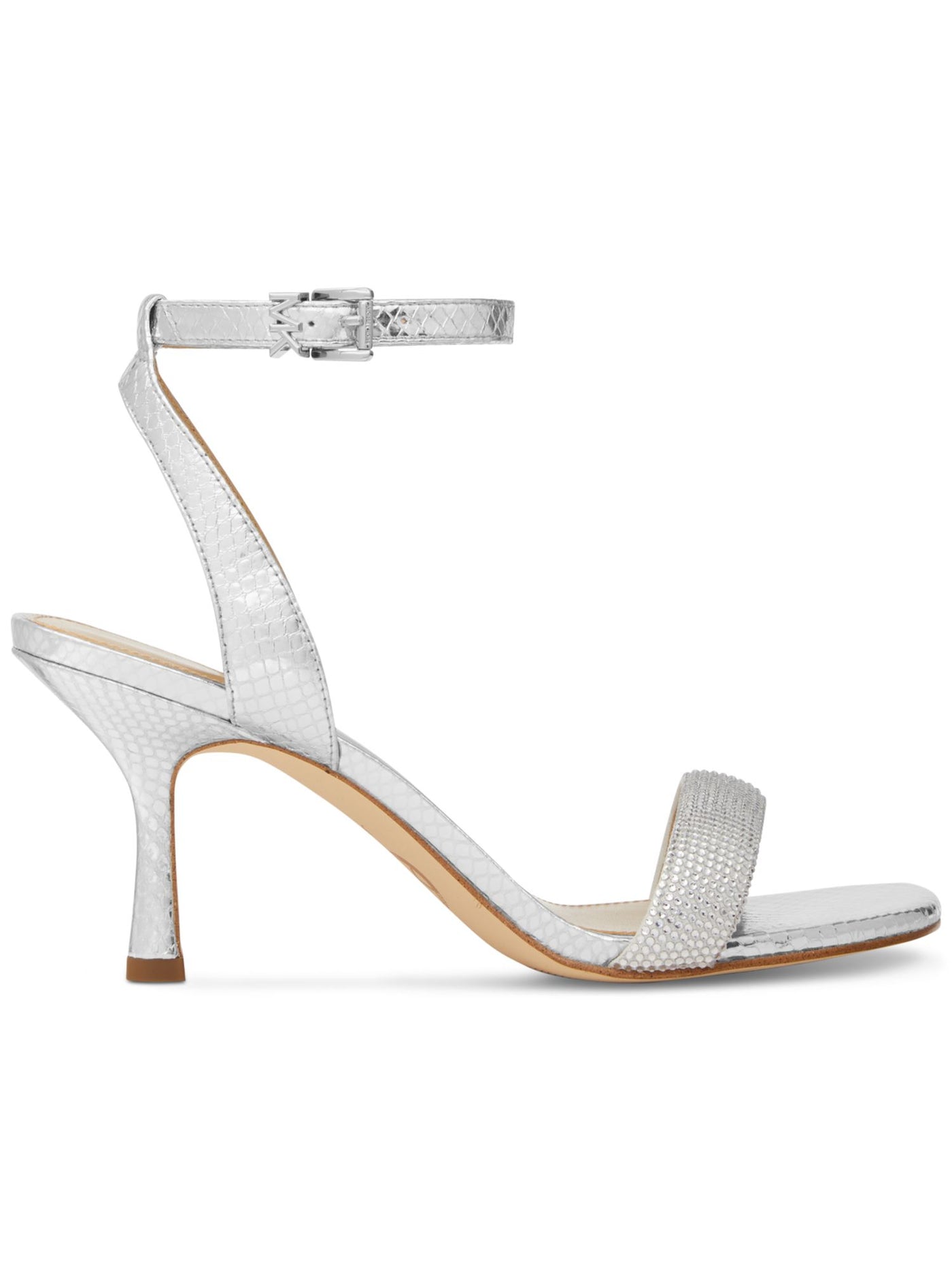 MICHAEL MICHAEL KORS Womens Silver Snake Embossed Padded Rhinestone Metallic Ankle Strap Carrie Square Toe Flare Buckle Dress Heeled Sandal 8.5 M