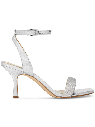 MICHAEL MICHAEL KORS Womens Silver Snake Embossed Padded Rhinestone Metallic Ankle Strap Carrie Square Toe Flare Buckle Dress Heeled Sandal 8.5 M