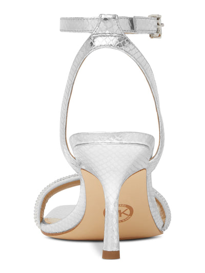 MICHAEL MICHAEL KORS Womens Silver Snake Embossed Padded Rhinestone Metallic Ankle Strap Carrie Square Toe Flare Buckle Dress Heeled Sandal 8.5 M