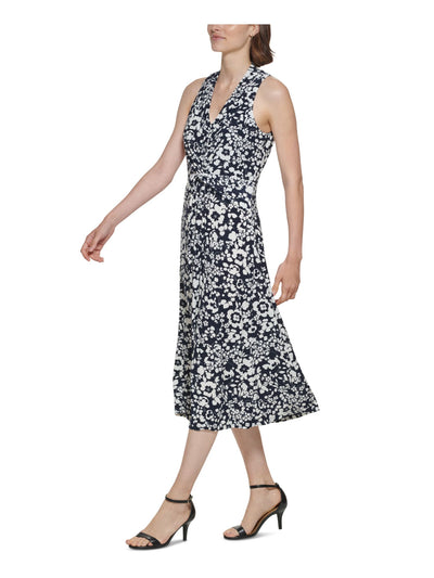 TOMMY HILFIGER Womens Navy Twist Front Floral Sleeveless V Neck Party Fit + Flare Dress 12