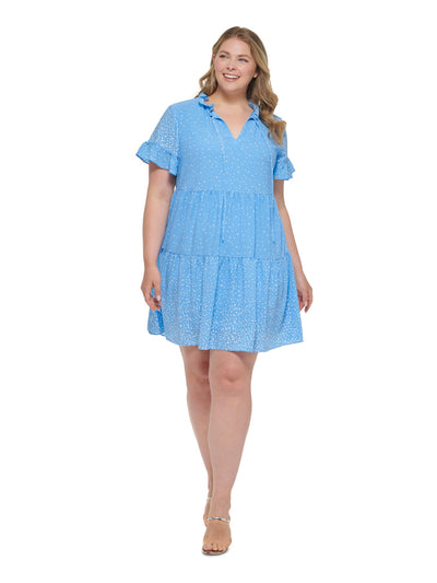 DKNY Womens Blue Ruffled Textured Tiered Lined Pullover Polka Dot Flutter Sleeve Split Above The Knee Baby Doll Dress Plus 22W