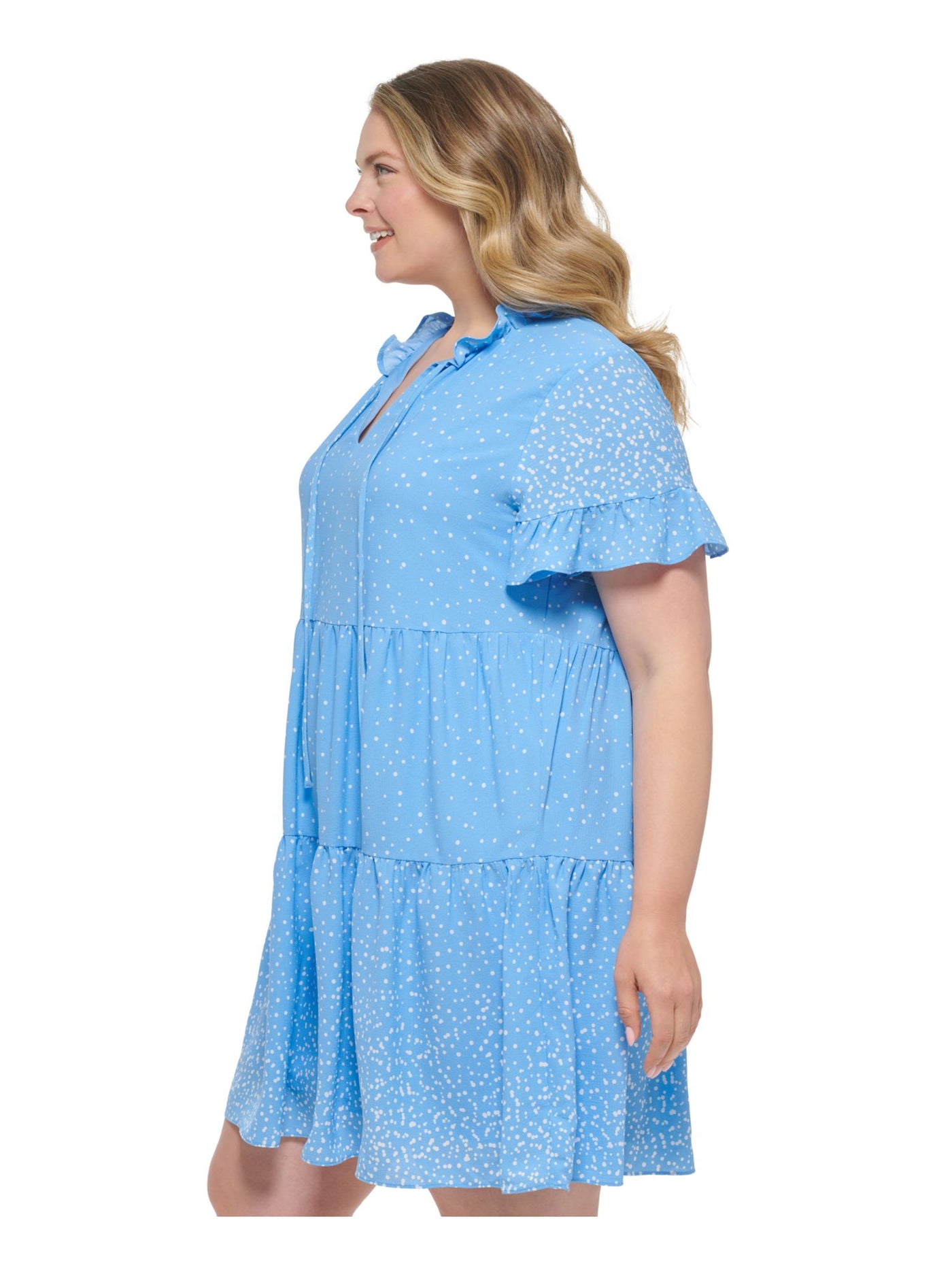 DKNY Womens Blue Ruffled Textured Tiered Lined Pullover Polka Dot Flutter Sleeve Split Above The Knee Baby Doll Dress Plus 18W
