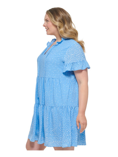 DKNY Womens Light Blue Ruffled Textured Tiered Lined Pullover Polka Dot Flutter Sleeve Split Above The Knee Baby Doll Dress Plus 14W
