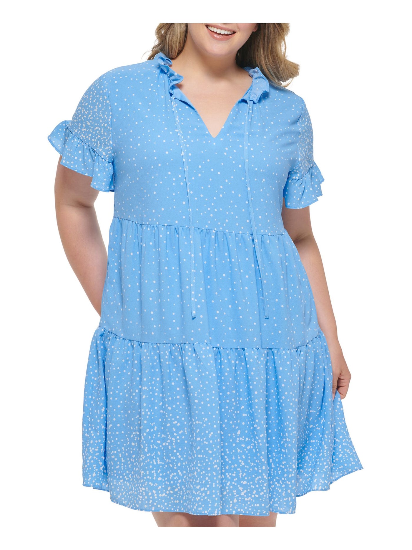 DKNY Womens Light Blue Ruffled Textured Tiered Lined Pullover Polka Dot Flutter Sleeve Split Above The Knee Baby Doll Dress Plus 20W