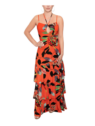 RACHEL RACHEL ROY Womens Orange Tie Printed Spaghetti Strap V Neck Maxi Sheath Dress M