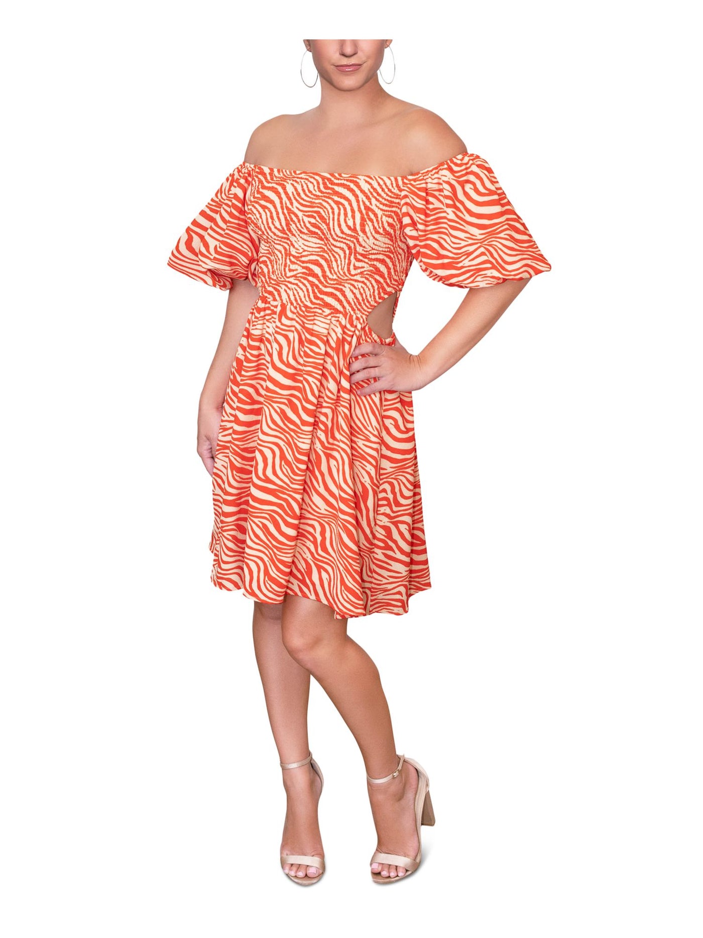 RACHEL RACHEL ROY Womens Orange Smocked Cut Out Lined Printed Short Sleeve Off Shoulder Above The Knee Fit + Flare Dress XL