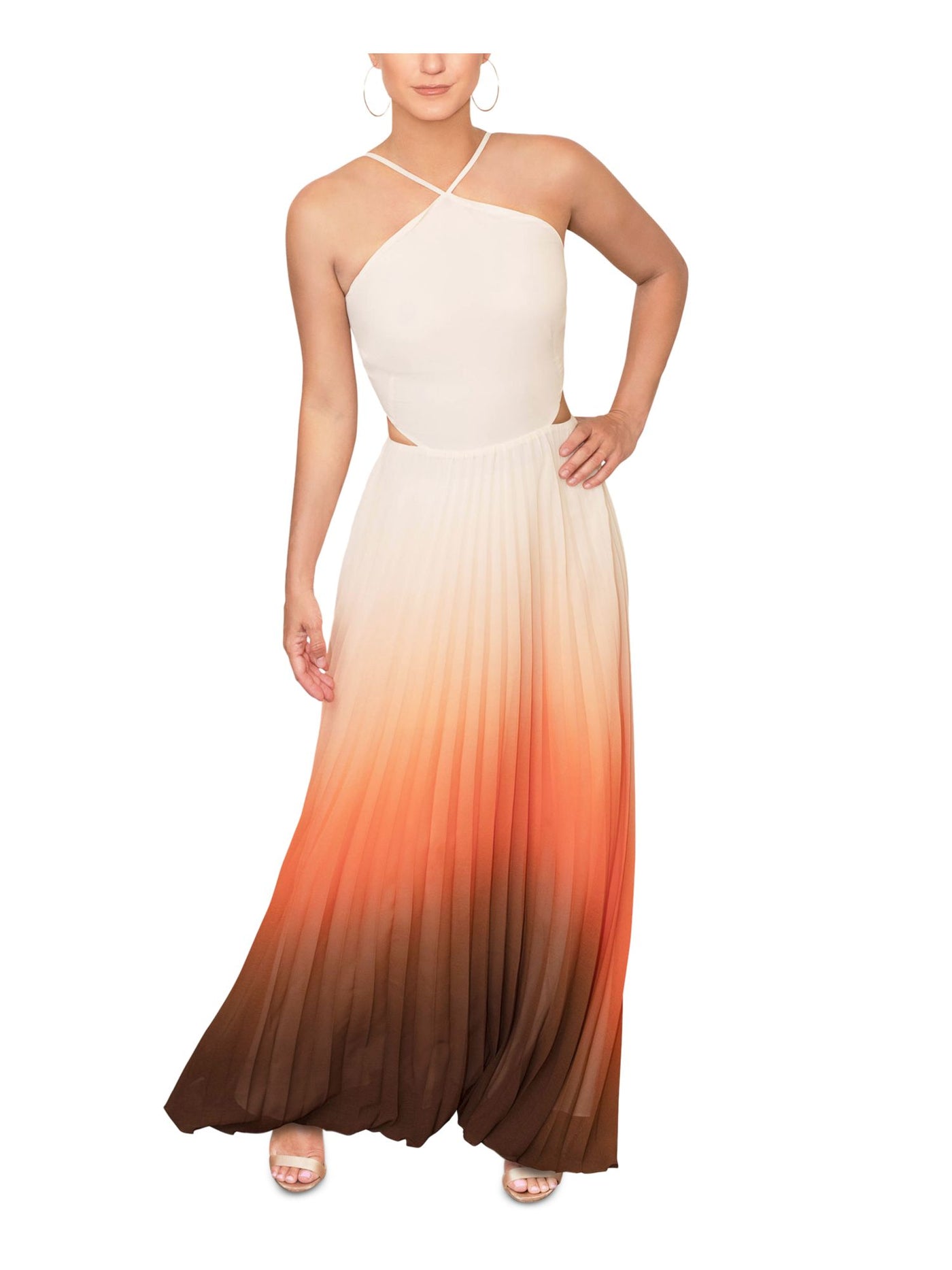 RACHEL RACHEL ROY Womens Beige Cut Out Zippered Pleated Ombre Sleeveless V Neck Maxi Party Fit + Flare Dress 4