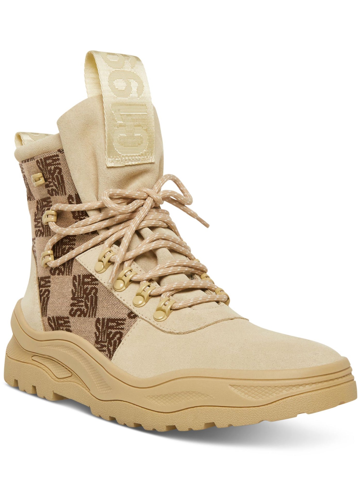 STEVE MADDEN Mens Beige Mixed Media Tongue And Heel Pull-Tabs Lug Sole Padded Mulberry Round Toe Wedge Lace-Up Combat Boots 13 M