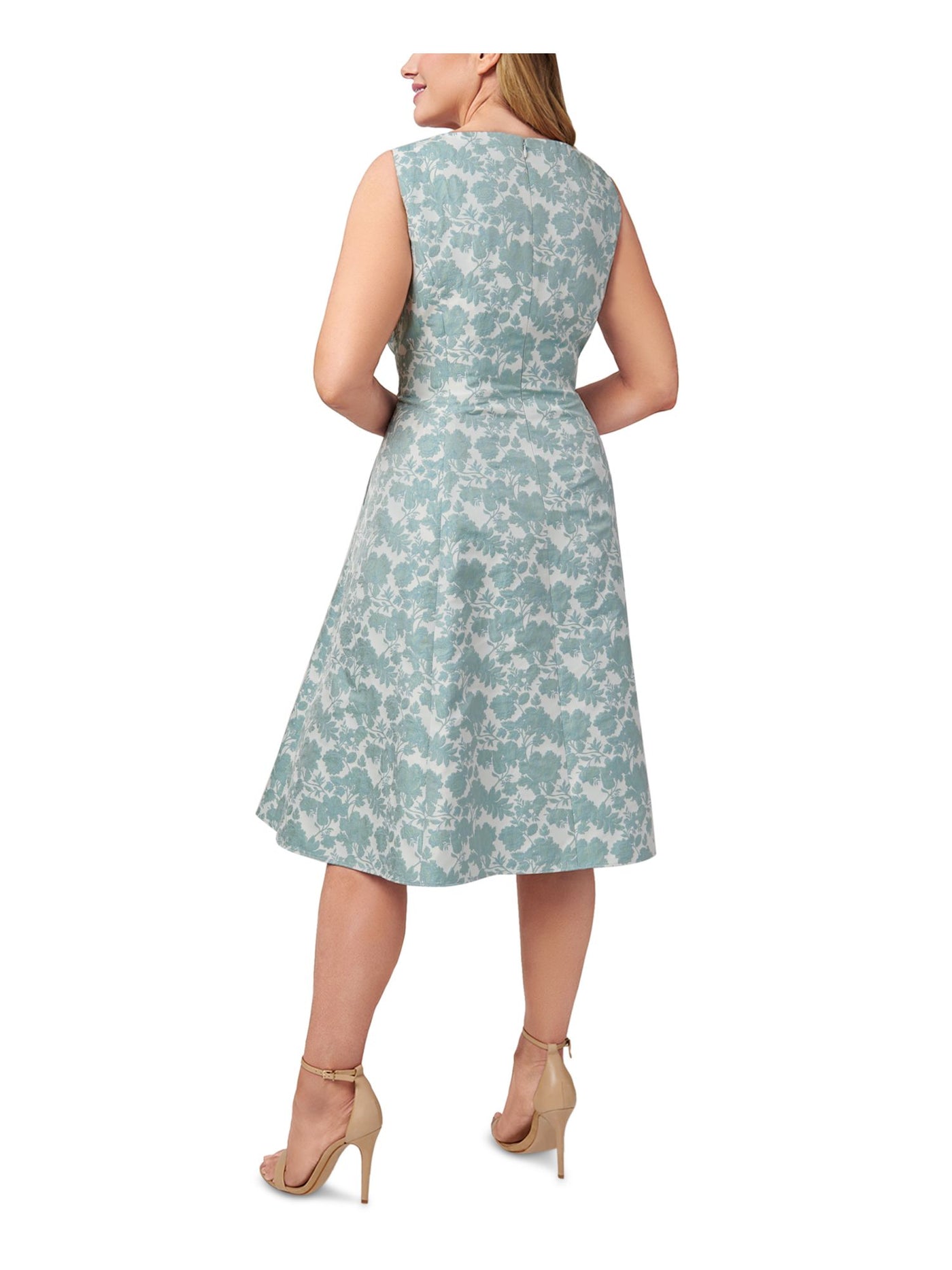 ADRIANNA PAPELL Womens Teal Zippered Pleated Lined V Notch Floral Sleeveless Scoop Neck Knee Length Party Fit + Flare Dress Plus 22W