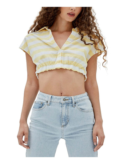 GUESS Womens White Striped Dolman Sleeve Collared Crop Top M