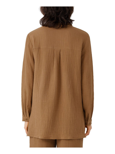 EILEEN FISHER Womens Brown Textured Unlined Vented Step Hem Cuffed Sleeve Collared Button Up Top Petites PM