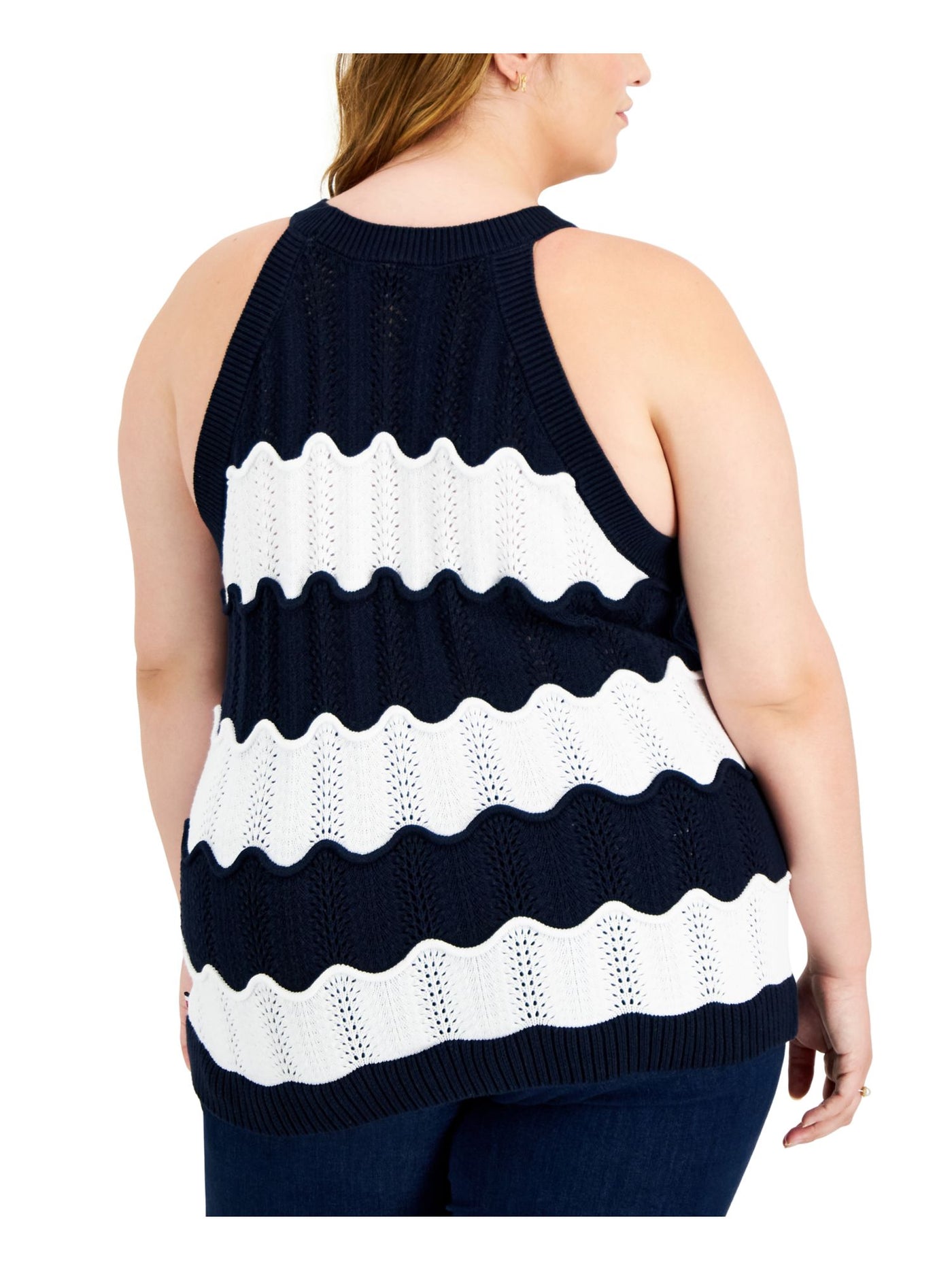 TOMMY HILFIGER Womens Navy Ribbed Scalloped Pullover Sheer Unlined Striped Sleeveless Crew Neck Tank Sweater Plus 0X