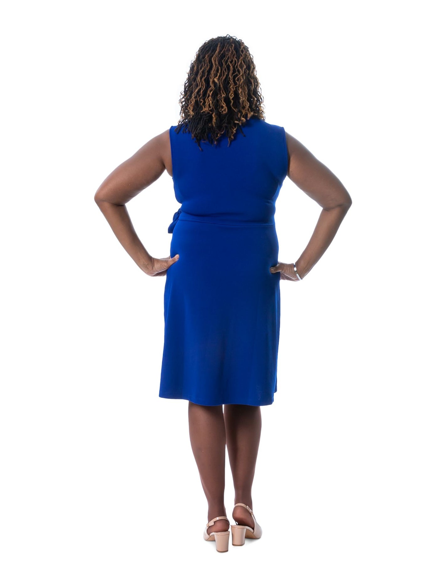 KASPER DRESS Womens Blue Textured Pullover Tie Belt Color Block Sleeveless Surplice Neckline Knee Length Faux Wrap Dress XL