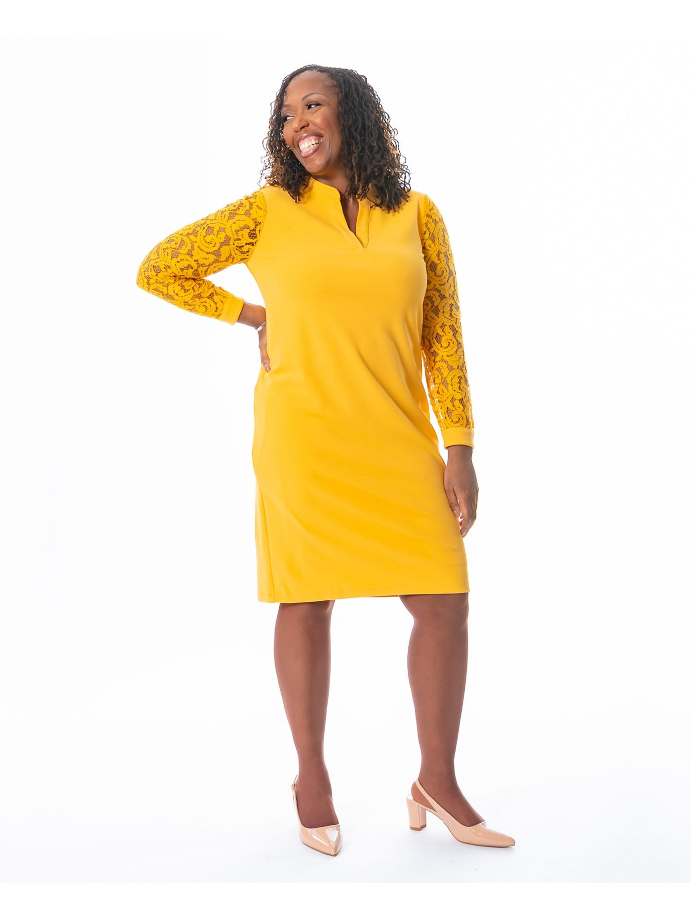 KASPER DRESS Womens Gold Sheer Lined Pullover Long Sleeve Split Knee Length Wear To Work Shift Dress XL