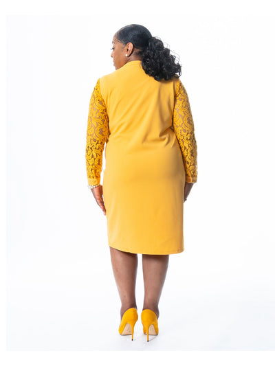 KASPER DRESS Womens Gold Sheer Lined Pullover Long Sleeve Split Knee Length Wear To Work Shift Dress S