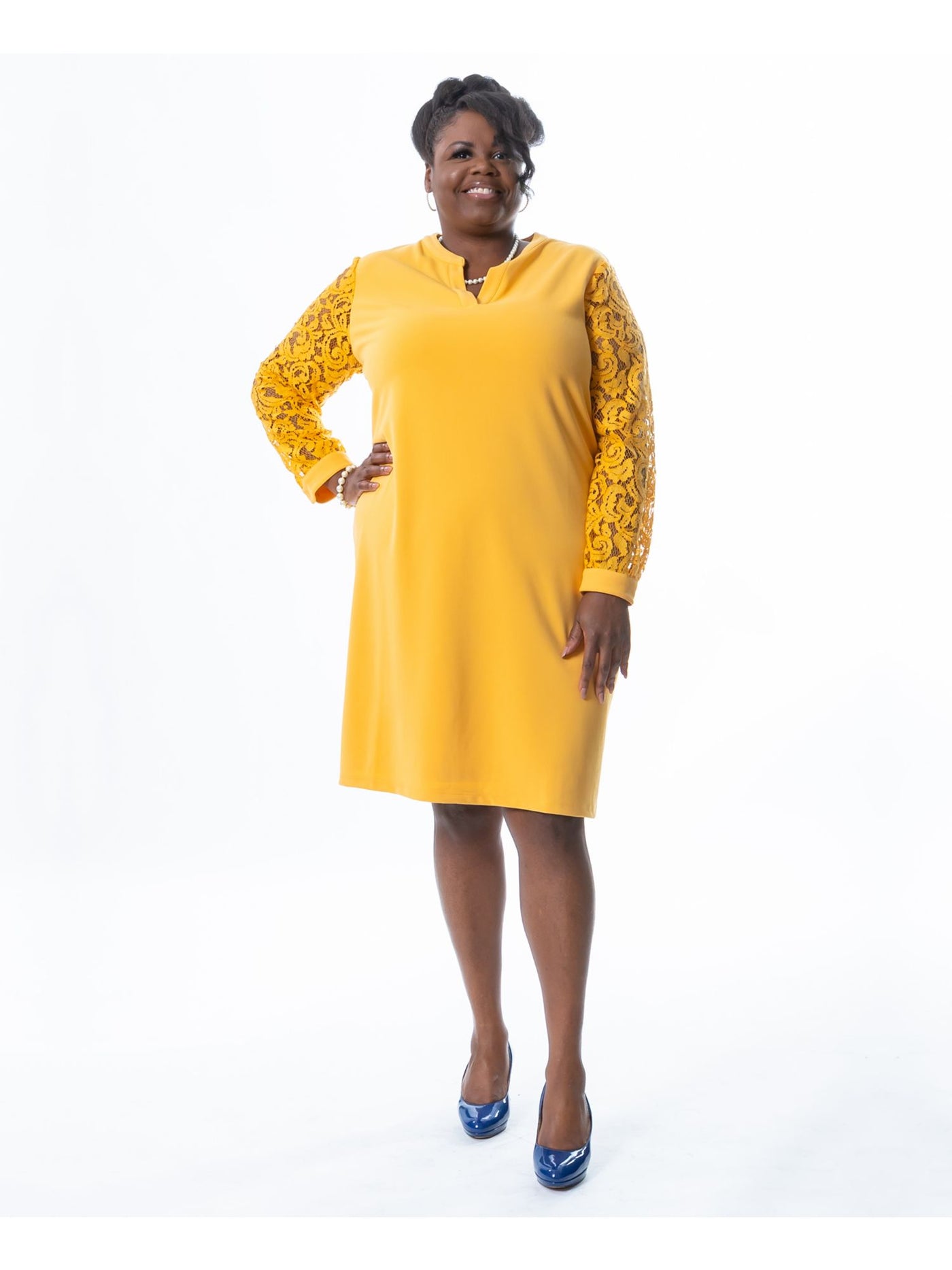KASPER DRESS Womens Gold Sheer Lined Pullover Long Sleeve Split Knee Length Wear To Work Shift Dress M