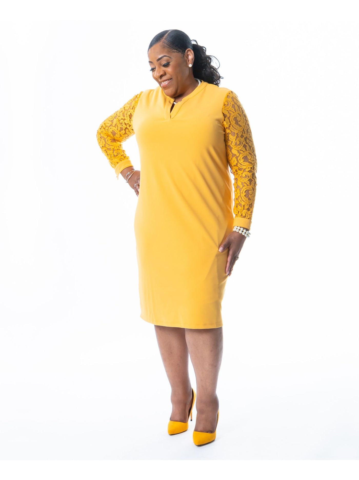 KASPER DRESS Womens Gold Sheer Lined Pullover Long Sleeve Split Knee Length Wear To Work Shift Dress L