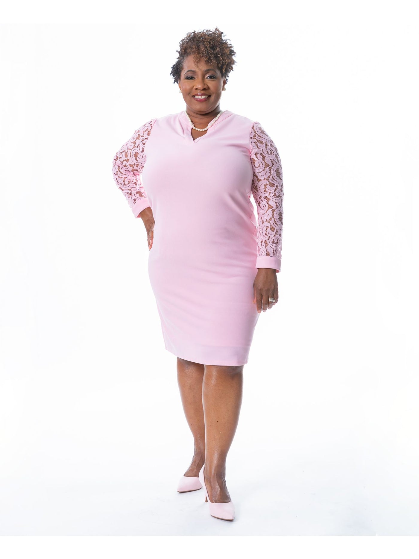 KASPER DRESS Womens Pink Lined Lace Long Sleeve V Neck Knee Length Wear To Work Sheath Dress XXL