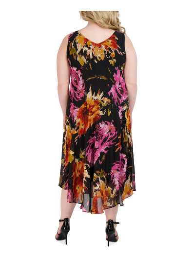 SIGNATURE BY ROBBIE BEE Womens Black Sheer Unlined A-line Floral Sleeveless Cowl Neck Midi Shift Dress Plus 24W