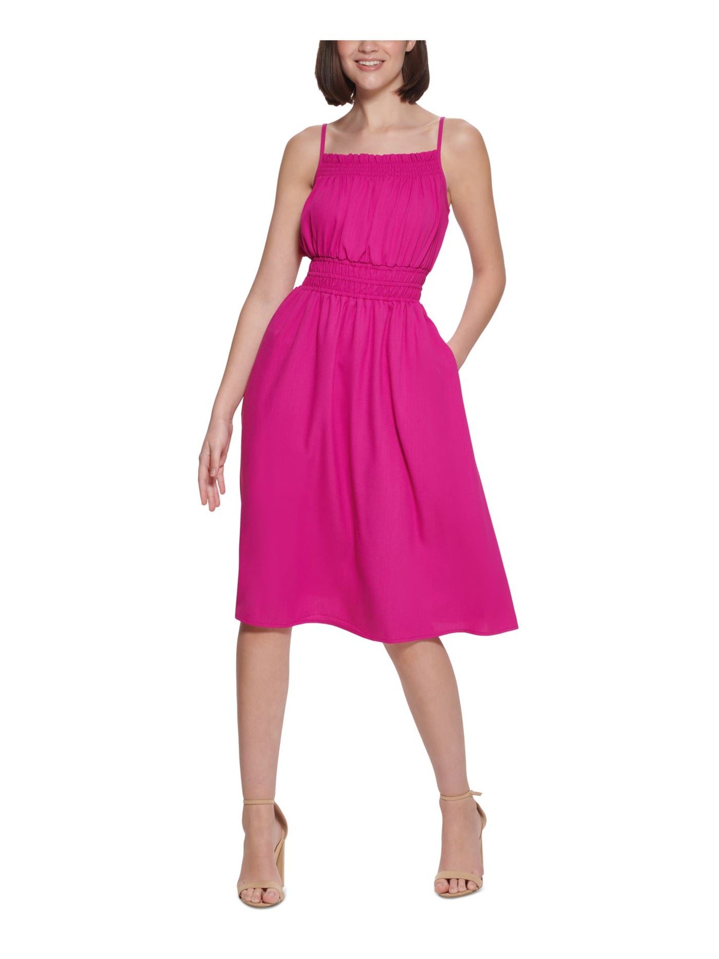 KENSIE DRESSES Womens Pink Smocked Spaghetti Strap Square Neck Knee Length A-Line Dress 6
