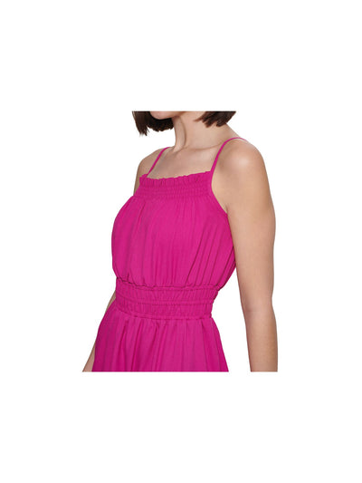 KENSIE DRESSES Womens Purple Smocked Spaghetti Strap Square Neck Knee Length A-Line Dress 8