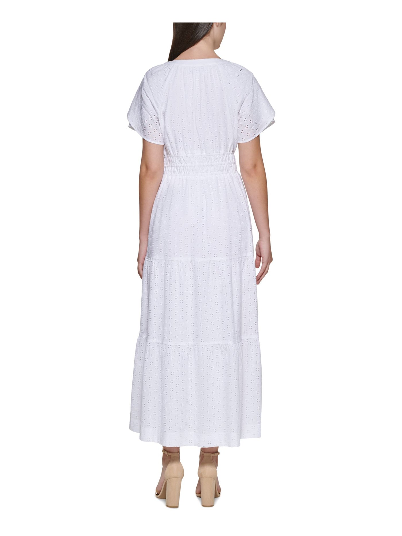 KENSIE DRESSES Womens White Eyelet Elastic Waist Tiered Skirt Lined Short Sleeve Split Maxi Wear To Work Fit + Flare Dress 10